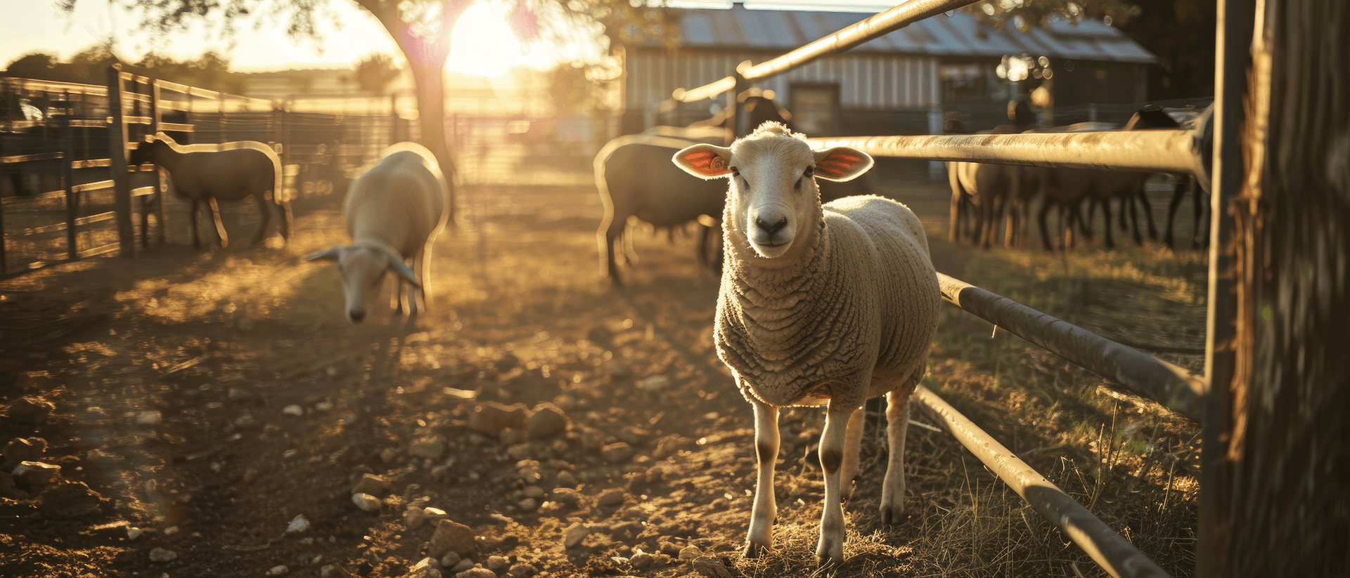 mouton qui regarde l'appareil photo avec un couché de soleil derrière lui