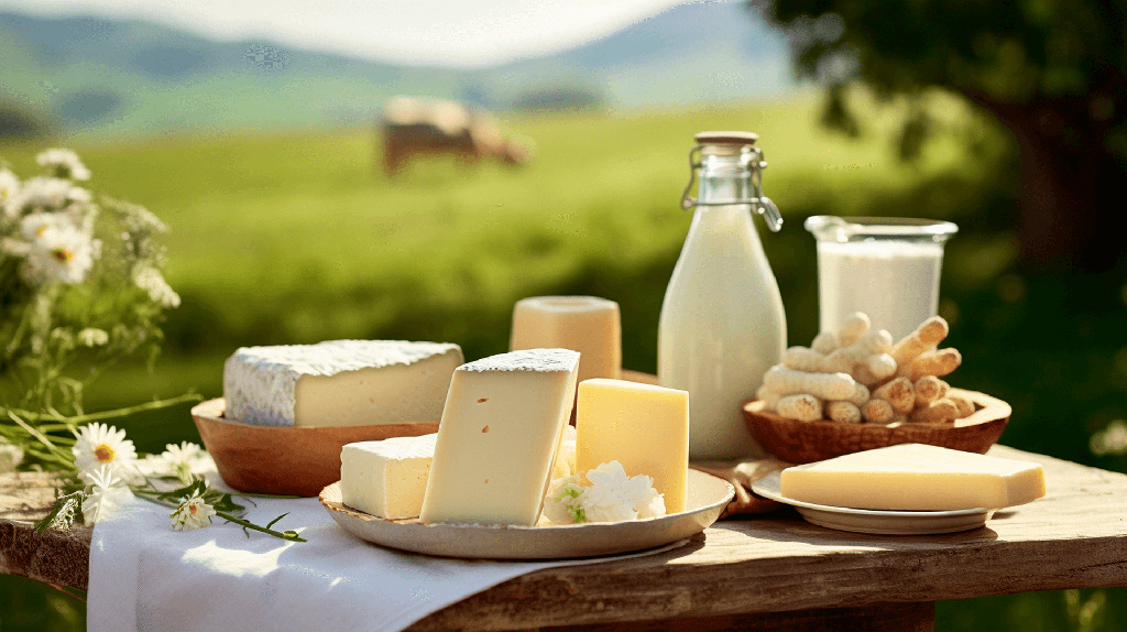 produits laitiers : lait, crème et fromage de brebis sur une table à l'extérieur